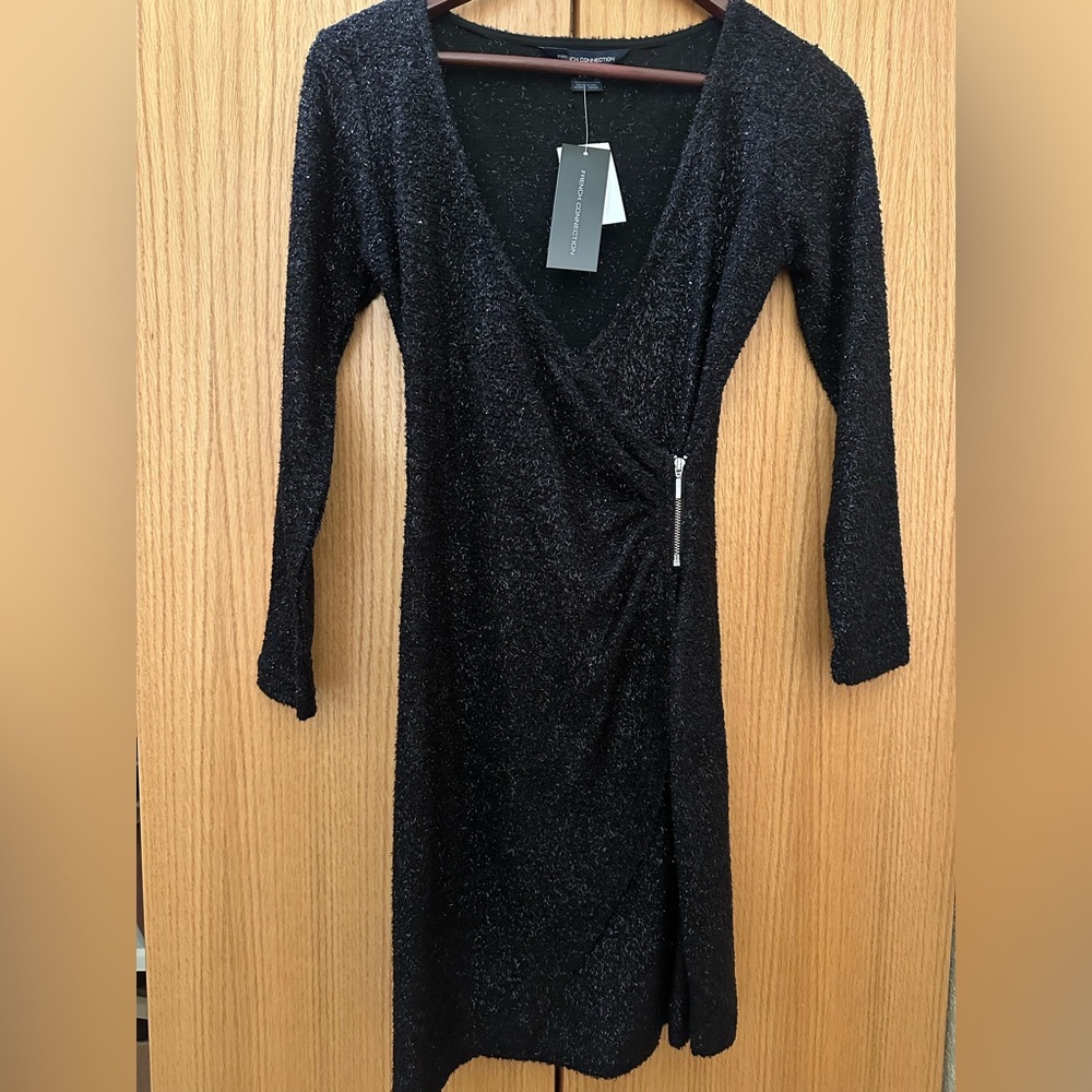 French Connection long sleeve black sparkle dress